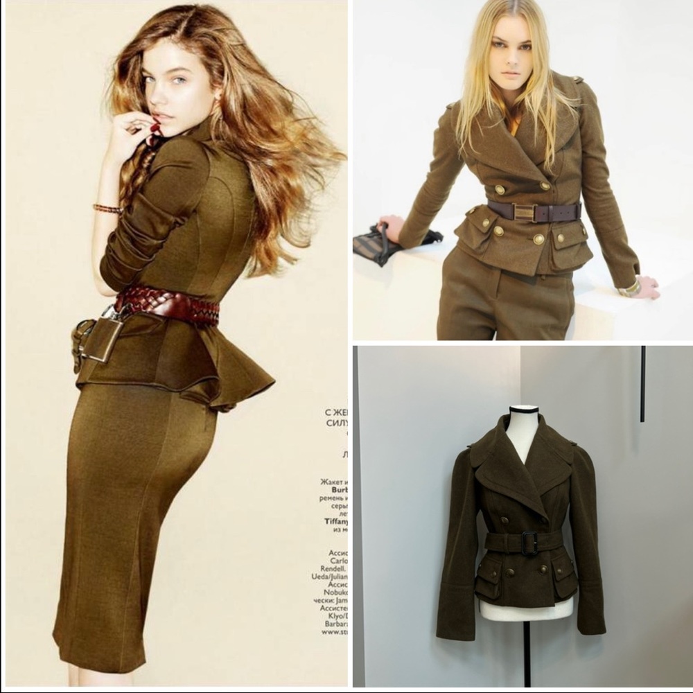 Burberry Olive Green Military Peplum Wool Jacket